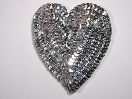 K8395   Silver Heart  Sequin Applique 3.5"-scroll,butterfly,rose,gold,floral,brown,purple,feather,trim,sewing,turquoise,silver,blue,embellishment,house,collar,jewel,victorian,sewing,clothing,sequin,beaded,bead,sequins,applique,motif,turquoise,trim,trimmings,sewing,beaded,purple,heart,set,lot