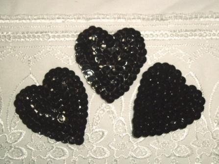 K8395A  Set of 3 Black Heart  Sequin Applique 2"-scroll,butterfly,rose,gold,floral,brown,purple,feather,trim,sewing,turquoise,black,blue,embellishment,house,collar,jewel,victorian,sewing,clothing,sequin,beaded,bead,sequins,applique,motif,turquoise,trim,trimmings,sewing,beaded,purple,heart,set,lot