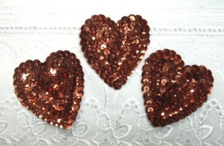 K8395A  Set of 3 Bronze Heart  Sequin Applique 2"-scroll,butterfly,rose,gold,floral,brown,purple,feather,trim,sewing,turquoise,purple,blue,embellishment,bronze,collar,jewel,victorian,sewing,clothing,sequin,beaded,bead,sequins,applique,motif,turquoise,trim,trimmings,sewing,beaded,purple,heart,set,lot