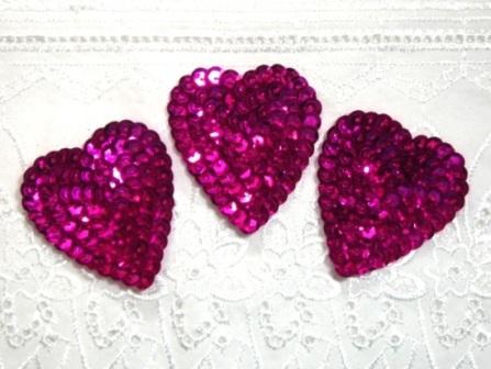 K8395A  Set of 3 Fuchsia Heart  Sequin Appliques 2"-fuchsia,gold,floral,brown,feather,trim,sewing,turquoise,purple,blue,embellishment,house,collar,jewel,victorian,sewing,clothing,sequin,beaded,bead,sequins,applique,motif,turquoise,trim,trimmings,sewing,beaded,purple,heart,set,lot,royal