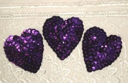 K8395A  Set of 3 Purple Heart  Sequin Applique 2"-scroll,butterfly,rose,gold,floral,brown,purple,feather,trim,sewing,turquoise,purple,blue,embellishment,house,collar,jewel,victorian,sewing,clothing,sequin,beaded,bead,sequins,applique,motif,turquoise,trim,trimmings,sewing,beaded,purple,heart,set,lot