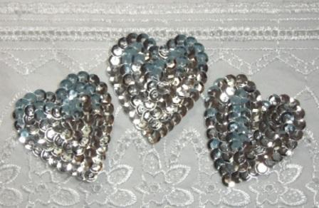 K8395A  Set of 3 Silver Heart  Sequin Applique 2"-scroll,butterfly,rose,gold,floral,brown,purple,feather,trim,sewing,turquoise,purple,blue,embellishment,house,collar,jewel,victorian,sewing,clothing,sequin,beaded,bead,sequins,applique,motif,turquoise,trim,trimmings,sewing,beaded,silver,heart,set,lot