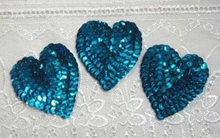 K8395A  Set of 3 Turquoise Heart  Sequin Applique 2"-scroll,butterfly,rose,gold,floral,brown,purple,feather,trim,sewing,turquoise,blue,embellishment,house,collar,jewel,victorian,sewing,clothing,sequin,beaded,bead,sequins,applique,motif,turquoise,trim,trimmings,sewing,beaded,purple,heart,set,lot