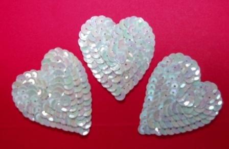 K8395A  Set of 3 White AB Heart  Sequin Applique 2"-scroll,butterfly,rose,gold,floral,brown,purple,feather,trim,sewing,turquoise,white,AB,blue,embellishment,house,collar,jewel,victorian,sewing,clothing,sequin,beaded,bead,sequins,applique,motif,turquoise,trim,trimmings,sewing,beaded,purple,heart,set,lot