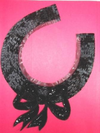 K8400  Black Bow Collar Sequin Beaded Applique 11.25"
