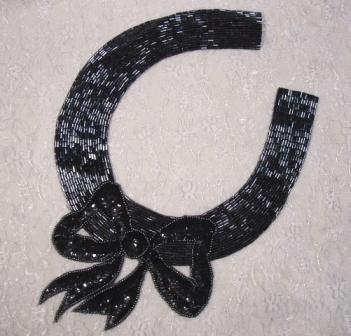 K8400  Gunmetal Bow Collar Sequin Beaded Applique 11.25"