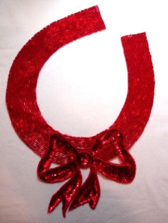 K8400  Red Bow Collar Sequin Beaded Applique 11.25"