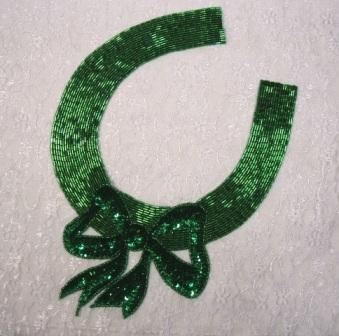 K8400  Green Bow Collar Sequin Beaded Applique 11.25"