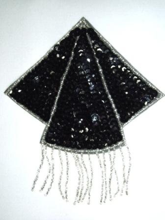 K8401  Black Silver Triangle Epaulet Sequin Beaded Applique  5.25"