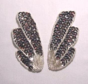 K8403  Silver Wing Mirror Pair Sequin Beaded Appliques 4"