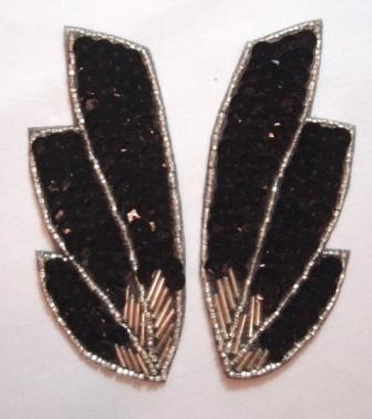 K8403  Black Wing Mirror Pair Sequin Beaded Appliques 4"
