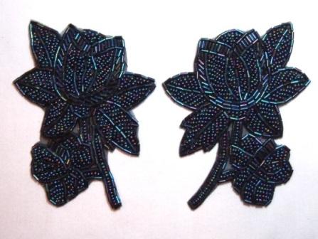 K8510  Black AB Floral Mirror Pair Beaded Appliques  4.5"-black,ab,rose,floral,flower,embellishment,sewing,beaded,bead,appliques,motif,mirror,pair