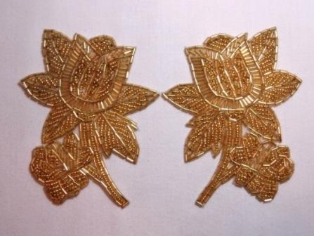 K8510  Gold Floral Mirror Pair Beaded Appliques  4.5"-embellishment,sewing,beaded,bead,appliques,motif,mirror,pair,gold