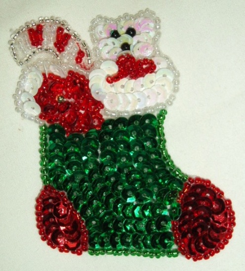 Christmas Stocking 3" Sequin Beaded Applique 0075-sequin,beaded,applique,sequined,beads,sequins,appliques,stocking,christmas,bear