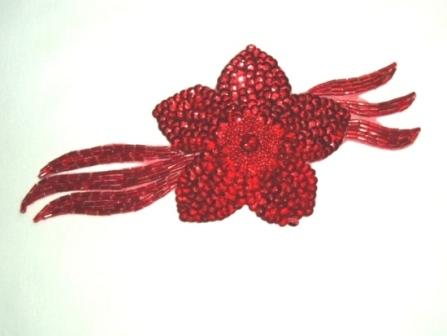 K8511  Red Floral Sequin Beaded Applique 7"