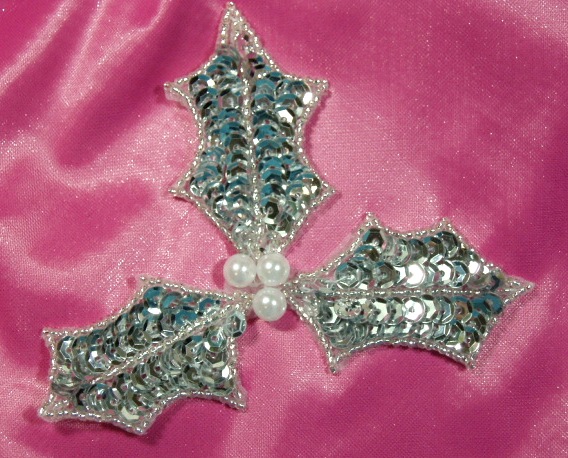 0026 Christmas Holly Silver 4" Sequin Beaded Applique-sequin,beaded,applique,holly,silver