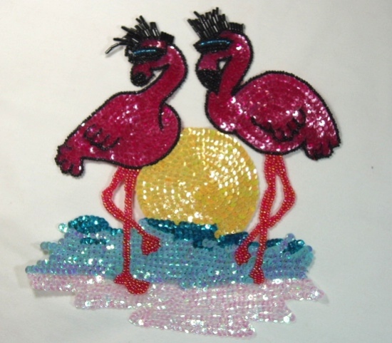Pink Flamingo Sunrise 8" Sequin Beaded Applique  0015