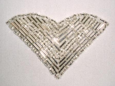 K8615  Silver  V  Shaped  Beaded Applique 3"-embellishment,sewing,clothing,sequin,beaded,bead,sequins,applique,motif,wing,silver