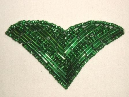 K8615  Green  V  Shaped  Beaded Applique 3"-embellishment,sewing,clothing,sequin,beaded,bead,sequins,applique,motif,wing,green