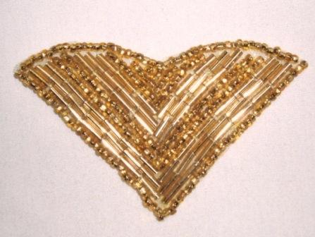 K8615  Gold  V  Shaped  Beaded Applique 3"-embellishment,sewing,clothing,sequin,beaded,bead,sequins,applique,motif,wing,gold