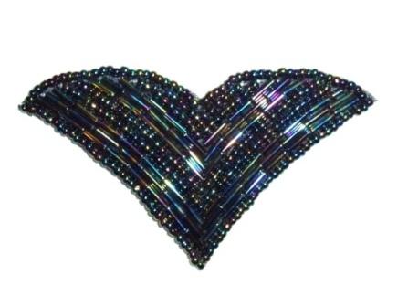 K8615  Black AB  V  Shaped  Beaded Applique 3"-embellishment,sewing,clothing,sequin,beaded,bead,sequins,applique,motif,wing,black
