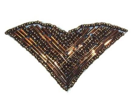 K8615  Bronze  V  Shaped  Beaded Applique 3"-embellishment,sewing,clothing,sequin,beaded,bead,sequins,applique,motif,wing,bronze