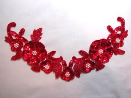 K8616   Red Floral Pearl Collar  Sequin Beaded Applique 10.5"