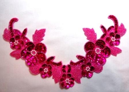 K8616 Fuchsia Floral Pearl Collar  Sequin Beaded Applique 10.5"