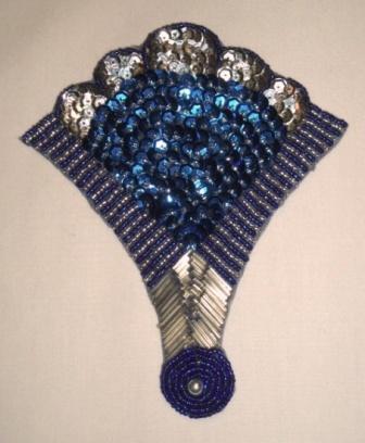 K8618  Blue & Silver Fan Epaulet Sequin Beaded Applique 5.75"