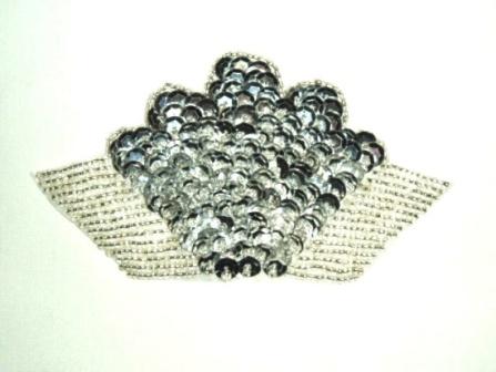 K8618A   Silver Fan Epaulet Sequin Beaded Applique 4.5"-embellishment,sewing,clothing,sequin,beaded,bead,sequins,applique,motif,floral,flower,designer,epaulet,blue,silver