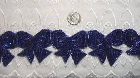 T8623  Blue Bow Sequin Beaded Applique or Trim