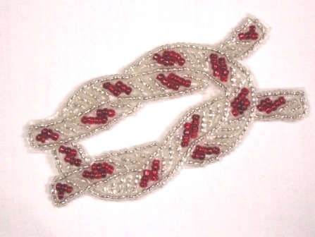 K8625  Red & Silver Knot Beaded  Applique 3"-red,silver,anchor,rope,nautical,ocean,trim,pearl,floral,beaded,applique,trimmings,embellishment,pink,motif,beaded,sequin,applique,sequins,beads,