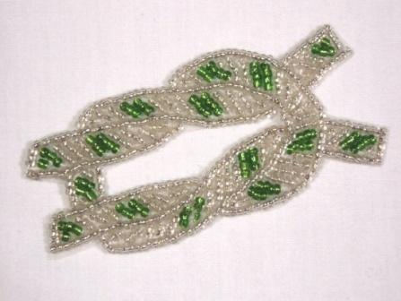 K8625  Green & Silver Knot Beaded  Applique 3"-green,silver,anchor,rope,nautical,ocean,trim,pearl,floral,beaded,applique,trimmings,embellishment,pink,motif,beaded,sequin,applique,sequins,beads,