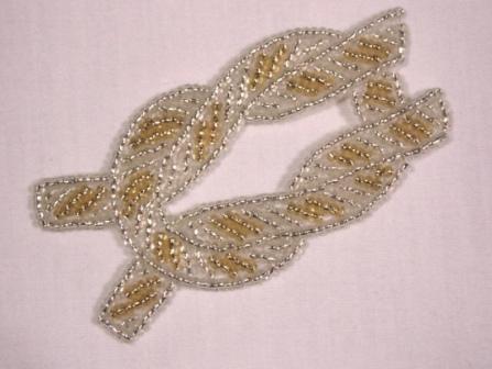 K8625  Silver Gold Knot Beaded Applique 3"-gold,silver,anchor,rope,nautical,ocean,trim,pearl,floral,beaded,applique,trimmings,embellishment,pink,motif,beaded,sequin,applique,sequins,beads,