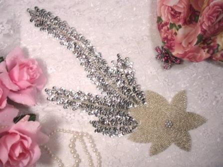 K8631  Silver Floral Starfish Seaweed Sequin Beaded Applique 11.5"-embellishment,sewing,clothing,sequin,beaded,bead,sequins,applique,motif,floral,flower,designer,epaulet,silver,seaweed,starfish,novelty,floral