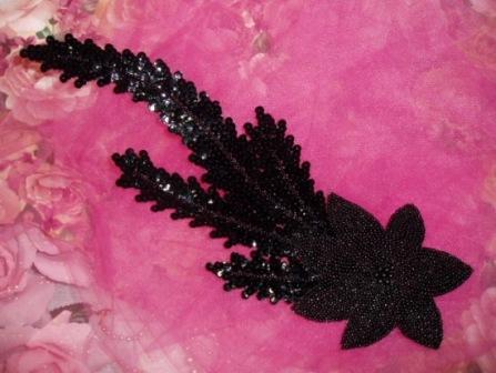 K8631  Black Floral Starfish Seaweed Sequin Beaded Applique 11.5"-embellishment,sewing,clothing,sequin,beaded,bead,sequins,applique,motif,floral,flower,designer,epaulet,black,seaweed,starfish,novelty,floral