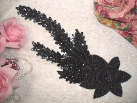 K8631  Gunmetal Floral Starfish Seaweed Sequin Beaded Applique 11.5"-gunmetal,embellishment,sewing,clothing,sequin,beaded,bead,sequins,applique,motif,floral,flower,designer,epaulet,seaweed,starfish,novelty,floral