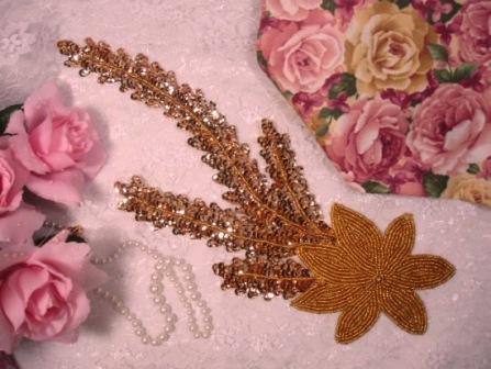 K8631  Gold Floral Starfish Seaweed Sequin Beaded Applique 11.5"-embellishment,sewing,clothing,sequin,beaded,bead,sequins,applique,motif,floral,flower,designer,epaulet,gold,seaweed,starfish,novelty,floral