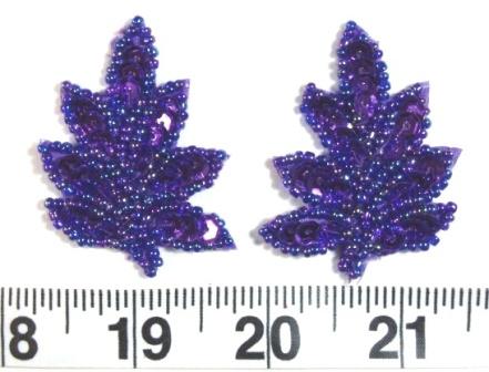 T8633 Purple AB Leaf Mirror Pair Sequin Beaded Appliques 2"