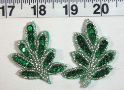 T8633 Green Silver Leaf Sequin Mirror Pair Beaded Appliques 2"
