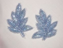 T8633 Blue Crystal Leaf Mirror Pair Sequin Beaded Appliques 2"