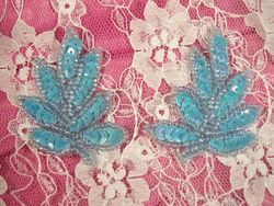 T8633 Aqua Blue Leaf Mirror Pair Sequin Beaded Appliques 2"