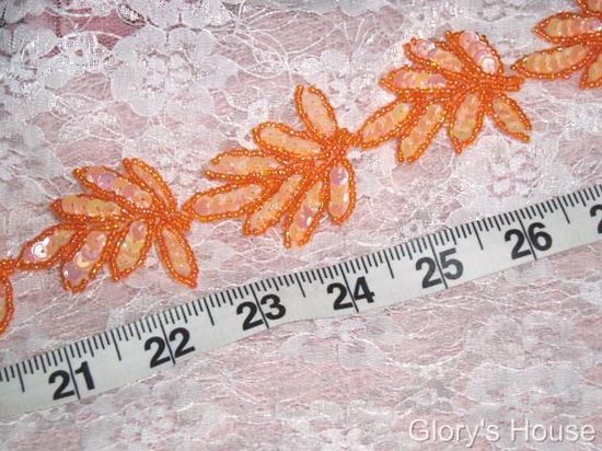 T8633 Peach Orange Leaf  Vine Sequin Beaded Trim-peach,orange,opaque,embellishment,sequin,beaded,beads,applique,trim,motif,green,leaf,