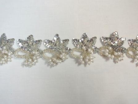 T8634  Silver Pearl Flower Sequin Beaded Applique or Trim