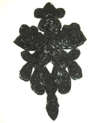 K8636  Black Victorian Beaded Applique Motif 6.75"- black,royal,beaded,applique,trimmings,embellishment,motif,yoke,turquoise,motif,collar