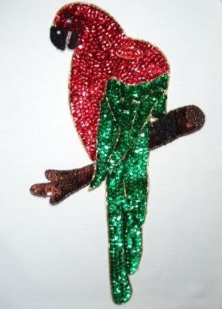 K8746  Extra Large Parrot Red & Green Sequin Beaded Applique 14"