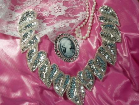 K8753  Silver Collar Sequin Beaded Applique 8"-silver,embellishment,sequin,beaded,beads,applique,pink,AB,collar,motif,yoke