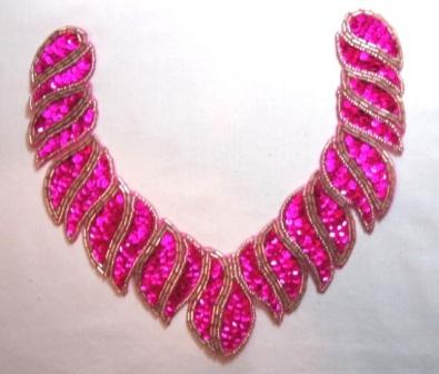K8753  Fuchsia  Collar Sequin Beaded Applique 8"-fuchsia,embellishment,sequin,beaded,beads,applique,pink,AB,collar,motif,yoke