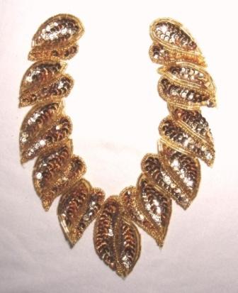 K8753  Gold Collar Sequin Beaded Applique 8"-gold,embellishment,sequin,beaded,beads,applique,pink,AB,collar,motif,yoke