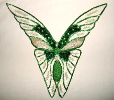 K8863  Green Butterfly Collar Sequin Beaded  Applique 12.5"-butterfly,rhinestone,green,sequin,beaded,applique,trimmings,embellishment,orange,rhinestone,oval,motif 